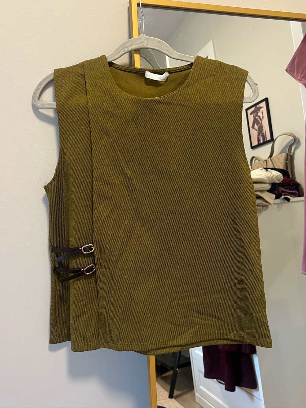 Zara Sleeveless Olive Green Top with Leather Buckles